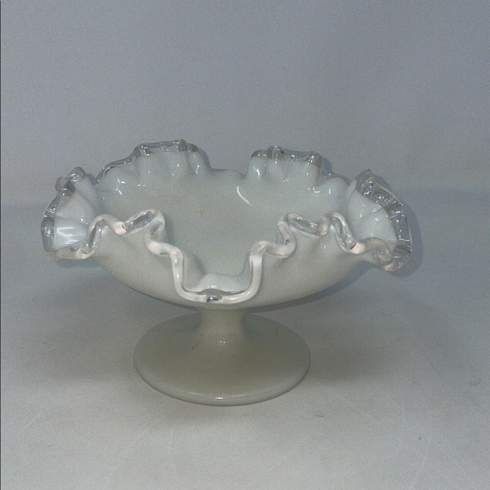 Vintage Fenton Silver Crest White Milk Glass Ruffled Edge Pedestal Candy Dish